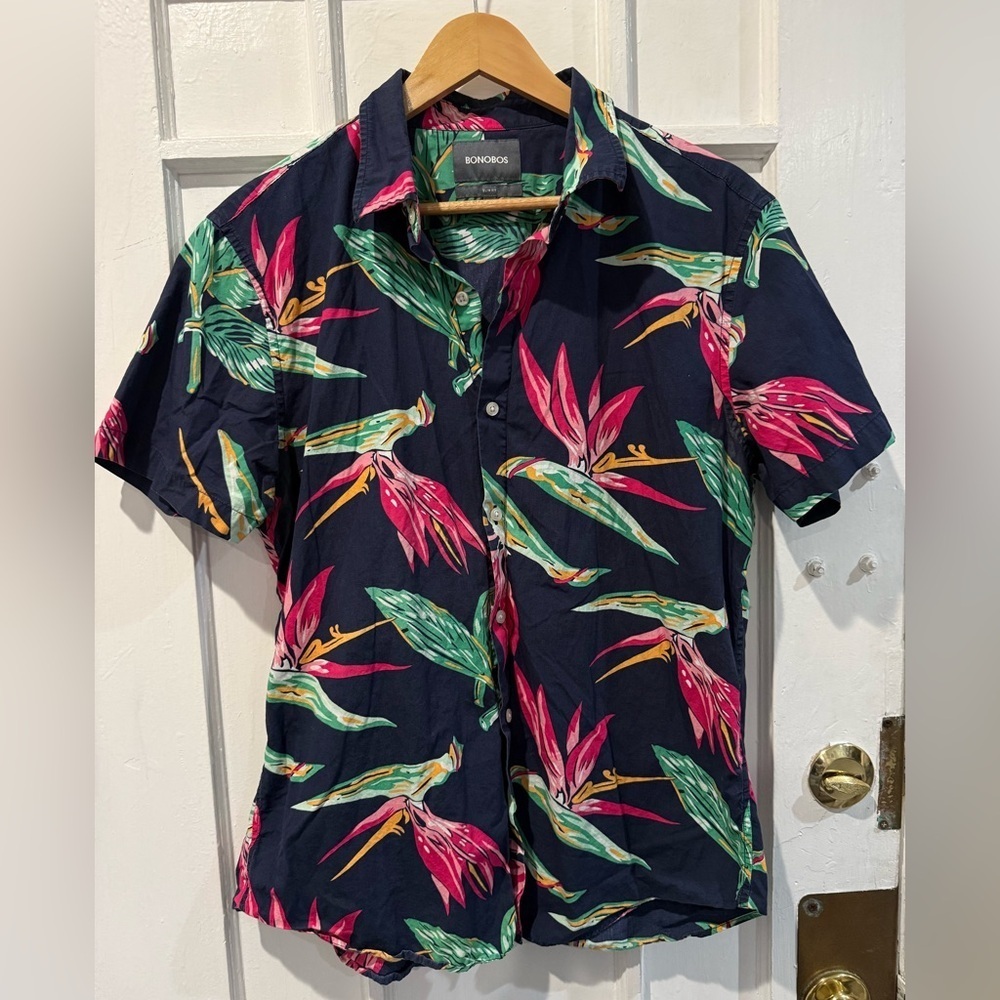 Bonobos Men's Floral Print Shirt - Navy and Pink
